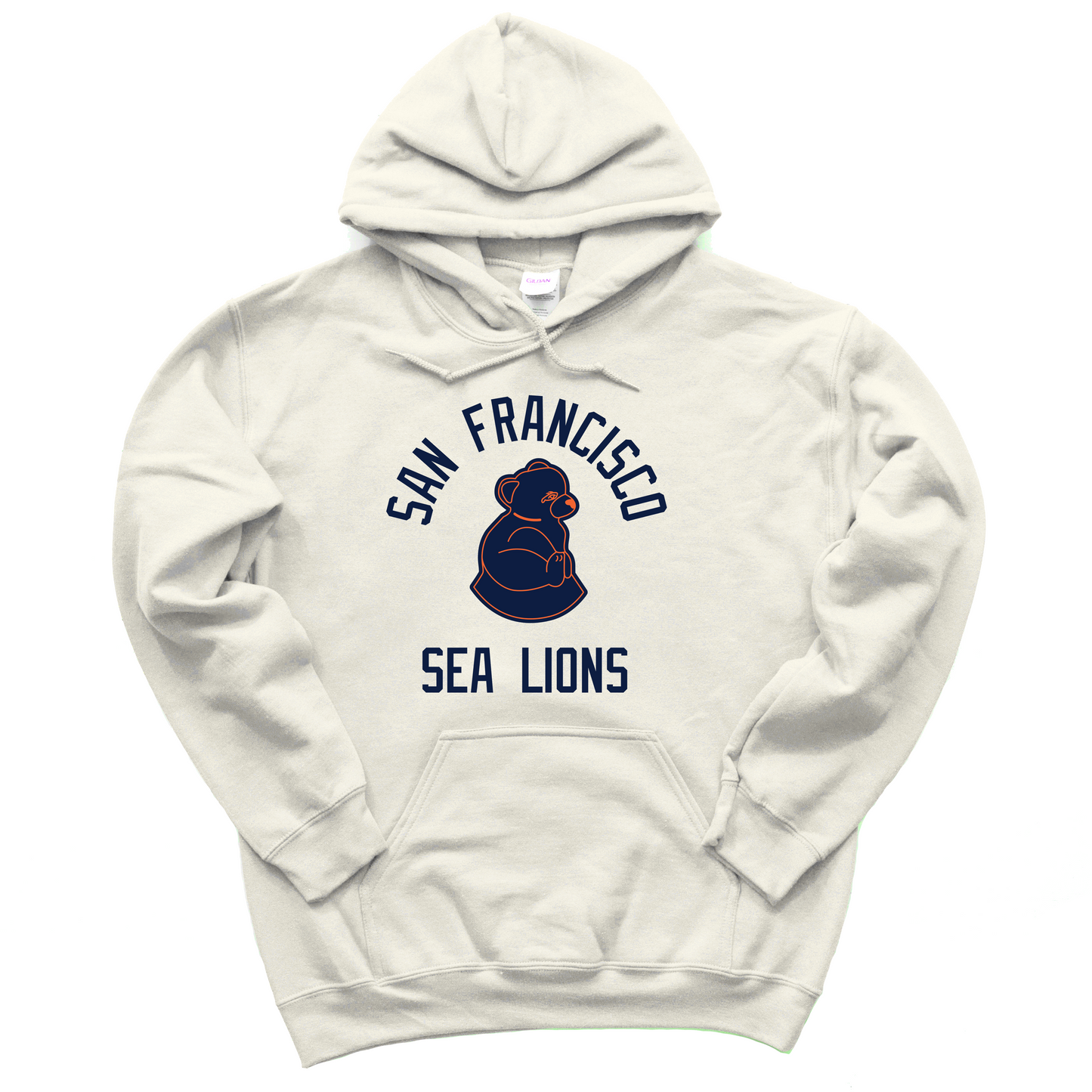 San Francisco Sea Lions Hoodie bone white with blue bear logo with orange trim. San Francisco above arched, Sea Lions below level. Royal Retros
