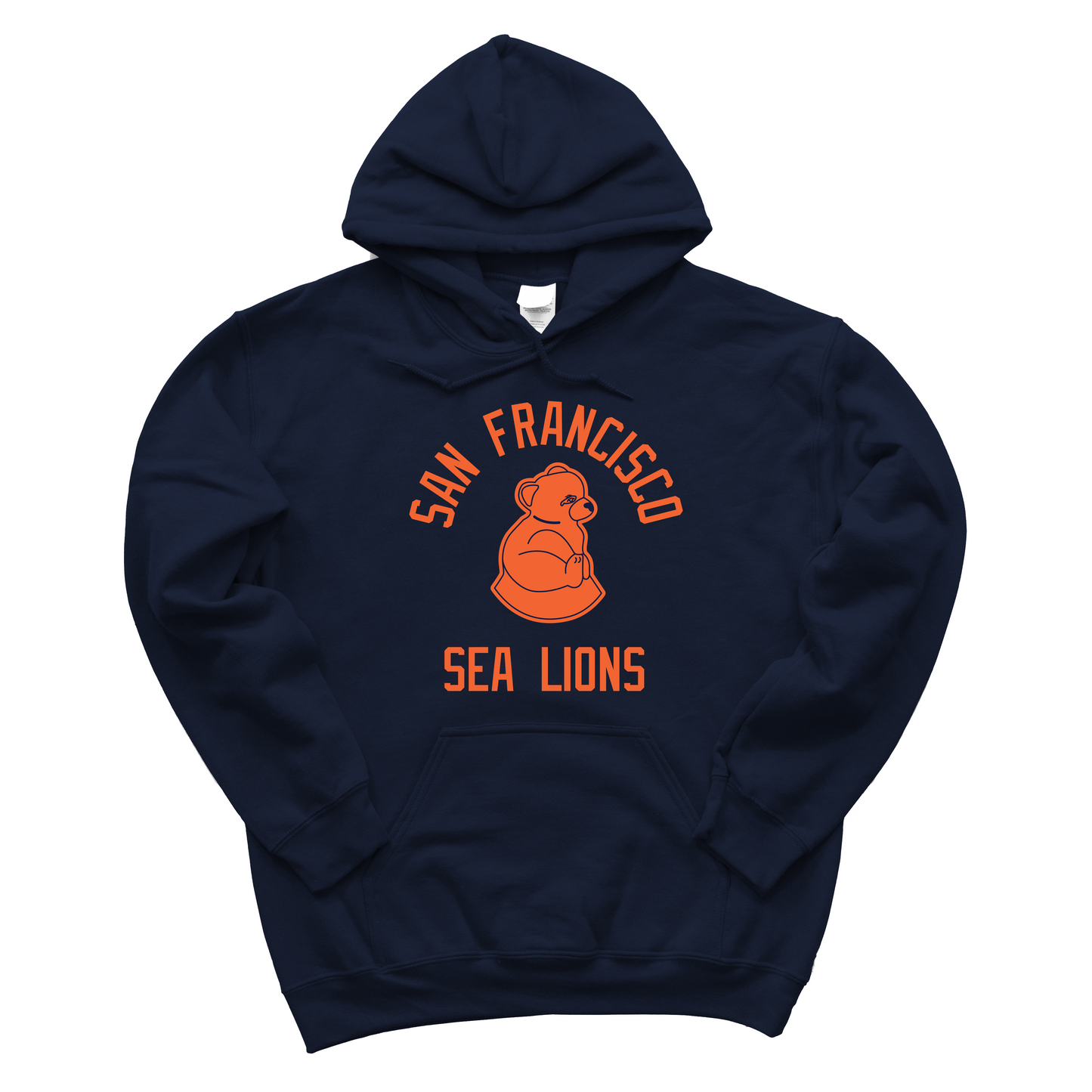 San Francisco Sea Lions Hoodie navy with orange bear in center. San Francisco arched above, Sea Lions level below Royal Retros