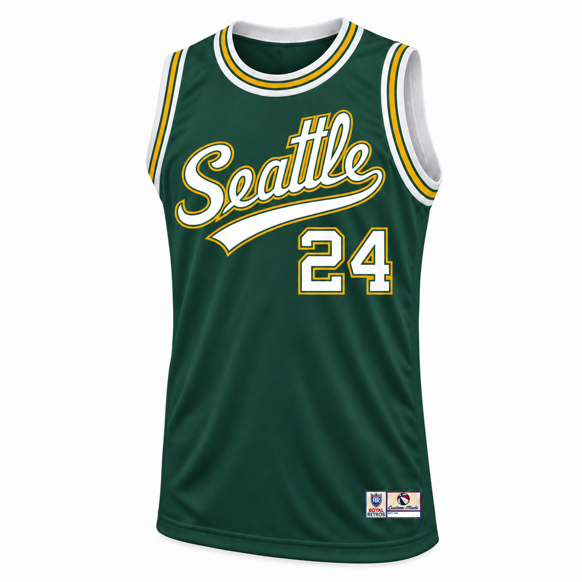 Seattle Basketball Jersey green front mockup, number 24, Seattle script with blank tail