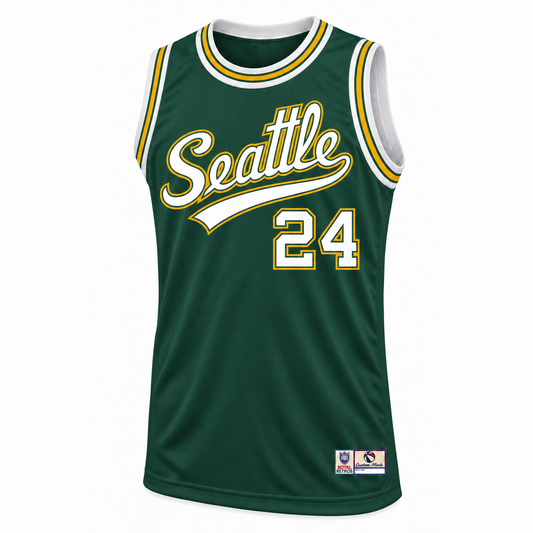 Seattle Basketball Jersey green front mockup, number 24, Seattle script with blank tail