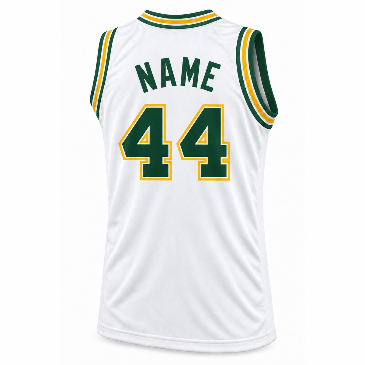 Seattle Basketball Jersey white back mockup, number 44, NAME lettering