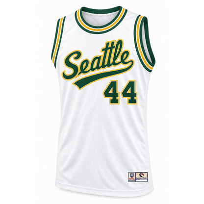 Seattle Basketball Jersey white front mockup, number 44, Seattle script with blank tail