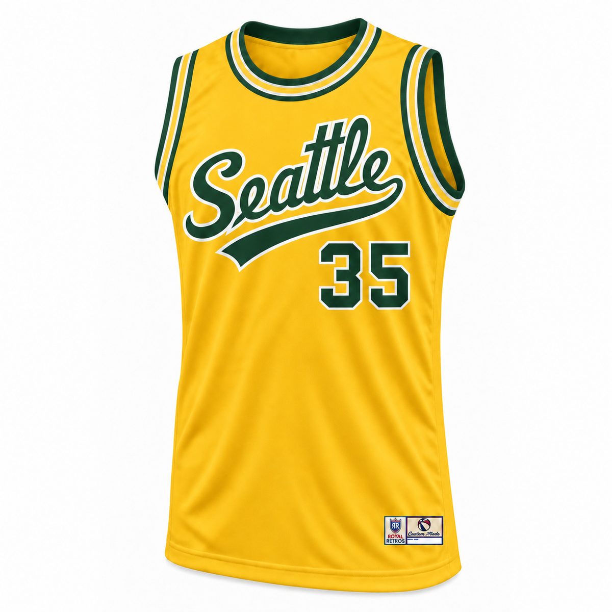 Seattle Basketball Jersey yellow front mockup, number 35, Seattle script with blank tail