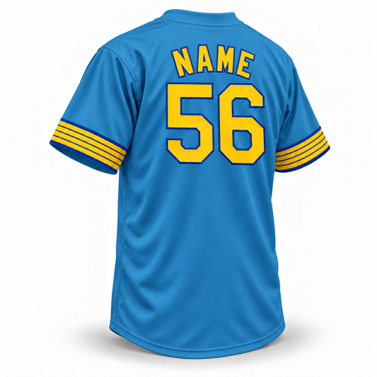 Seattle Pilots blue custom baseball jersey back with NAME above number 56 in gold with royal blue outlines and gold and blue sleeve stripes.