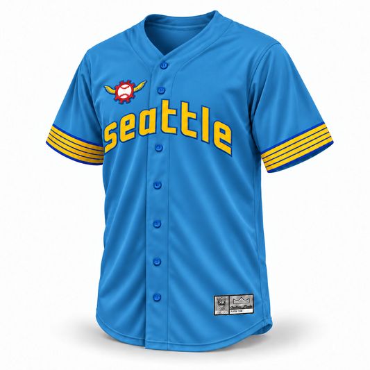 Seattle Pilots blue custom baseball jersey front with gold Seattle lettering, winged baseball emblem, gold and blue sleeve stripes and gray Royal Retros Custom Made tag.
