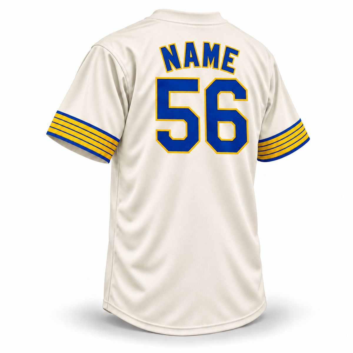 Seattle Pilots cream custom baseball jersey back with NAME above number 56 in royal blue with gold outlines and clean gold and royal blue cuff stripes.