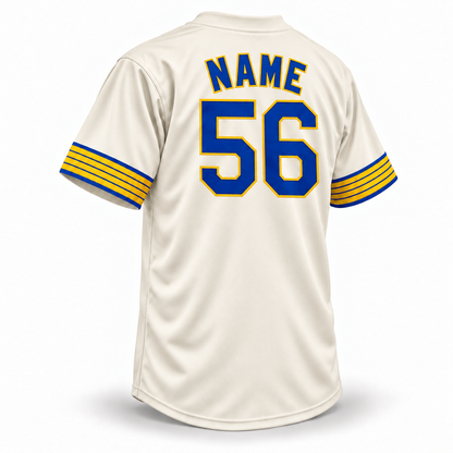 Seattle Pilots cream custom baseball jersey back with NAME above number 56 in royal blue with gold outlines and clean gold and royal blue cuff stripes.