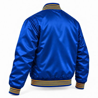 Seattle Pilots royal blue satin jacket, three-quarter back view. Plain satin back with four yellow stripes on collar, cuffs and waistband.