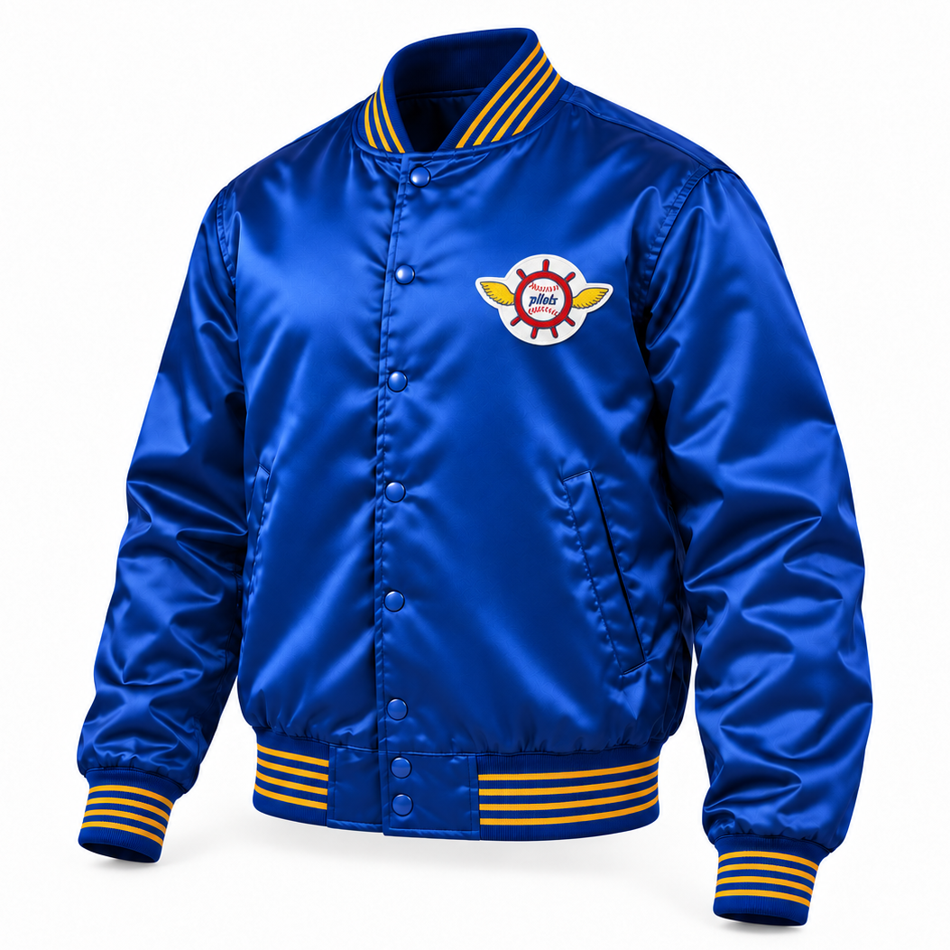 Seattle Pilots royal blue satin jacket, three-quarter front view. Winged Pilots chest patch with smooth circular white backing and four yellow stripes on collar, cuffs and waistband.