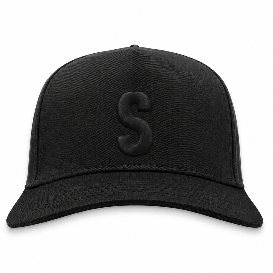 Seattle Steelheads blackout snapback hat with tonal black 3D puff S embroidery, front view