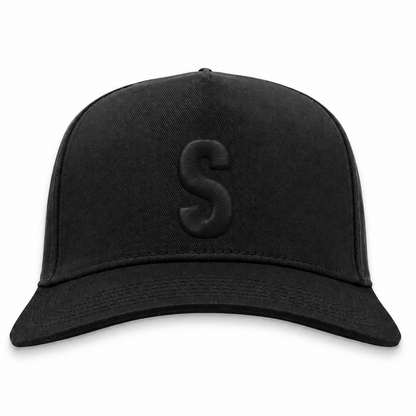 Seattle Steelheads blackout snapback hat with tonal black 3D puff S embroidery, front view