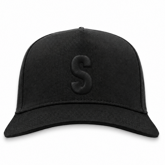 Seattle Steelheads blackout snapback hat with tonal black 3D puff S embroidery, front view