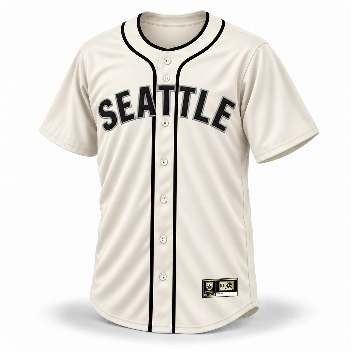 Seattle Steelheads Custom NLB Jersey – cream front mockup with black SEATTLE lettering, silver-gray outlines, separate collar piping and original NLB jock tag