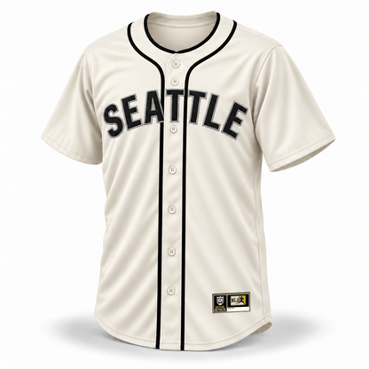 Seattle Steelheads Custom NLB Jersey – cream front mockup with black SEATTLE lettering, silver-gray outlines, separate collar piping and original NLB jock tag