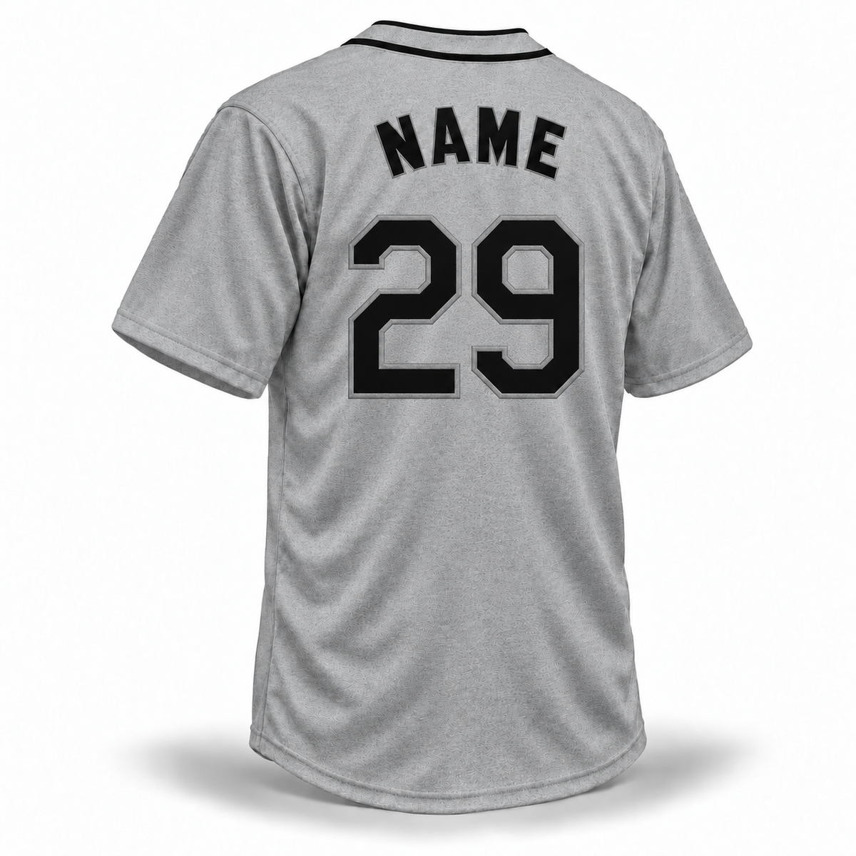 Seattle Steelheads Custom NLB Jersey – gray wool back mockup with black NAME and block number 29 outlined in silver-gray
