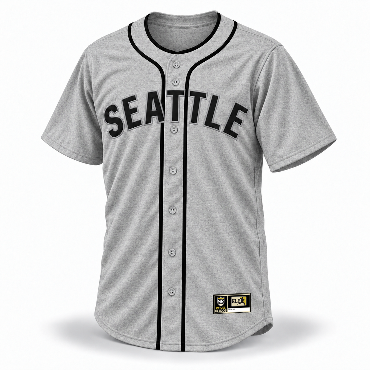 Seattle Steelheads Custom NLB Jersey – gray wool front mockup with black SEATTLE lettering, silver-gray outlines, separate collar piping and original NLB jock tag