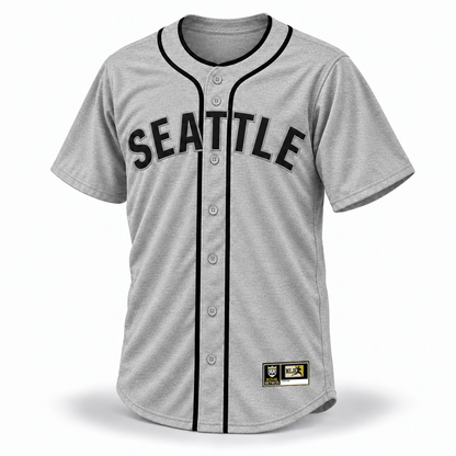 Seattle Steelheads Custom NLB Jersey – gray wool front mockup with black SEATTLE lettering, silver-gray outlines, separate collar piping and original NLB jock tag