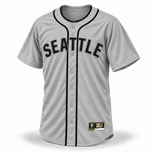 Seattle Steelheads Custom NLB Jersey – gray wool front mockup with black SEATTLE lettering, silver-gray outlines, separate collar piping and original NLB jock tag