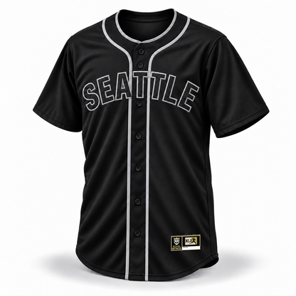 Seattle Steelheads NLB Remix Jersey – black front mockup with black SEATTLE lettering, silver-gray outlines and piping, plain sleeves and original NLB jock tag