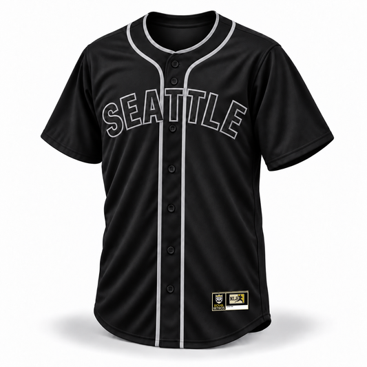 Seattle Steelheads NLB Remix Jersey – black front mockup with black SEATTLE lettering, silver-gray outlines and piping, plain sleeves and original NLB jock tag