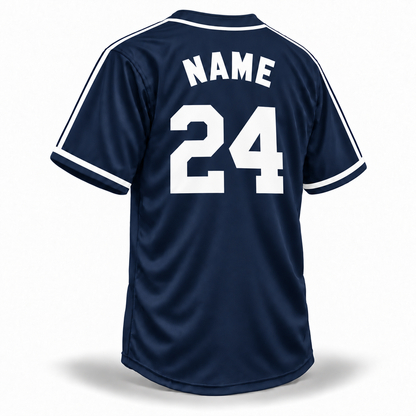 Seattle Steelheads NLB Remix Jersey – navy back mockup with solid white NAME and block number 24, connected shoulder and sleeve stripes and white cuff bands