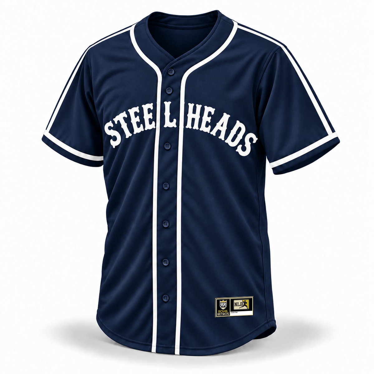 Seattle Steelheads NLB Remix Jersey – navy front mockup with white vintage STEELHEADS lettering, connected shoulder and sleeve stripes, white cuff bands and original NLB jock tag