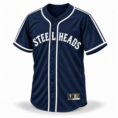 Seattle Steelheads NLB Remix Jersey – navy front mockup with white vintage STEELHEADS lettering, connected shoulder and sleeve stripes, white cuff bands and original NLB jock tag