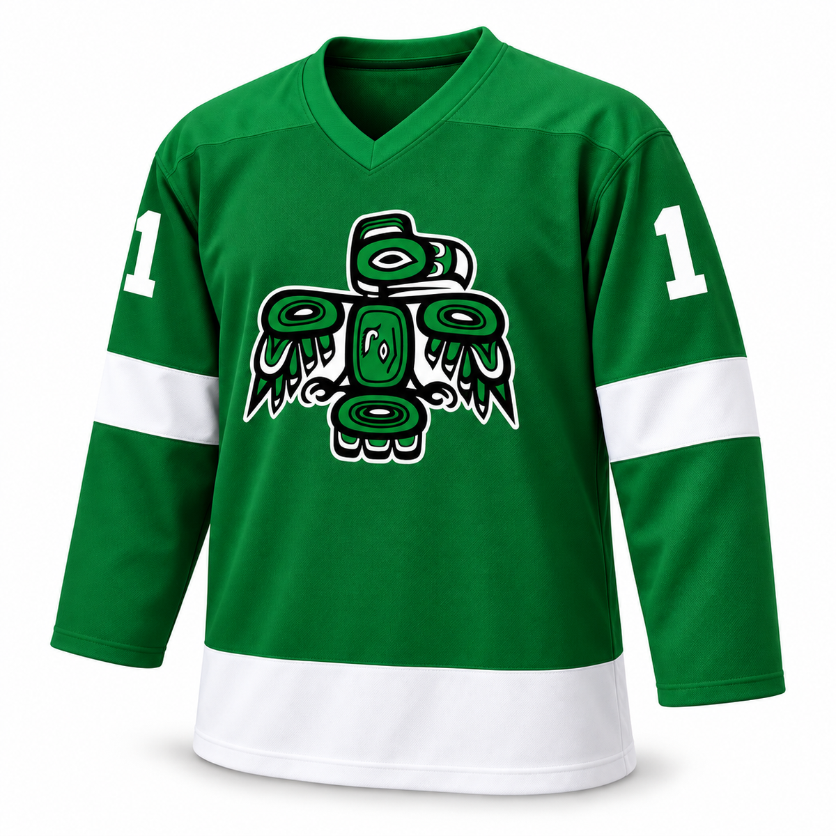 Seattle Totems green jersey front mockup, thunderbird crest and solid white sleeve number 1, no captain patch. Approved turned template.