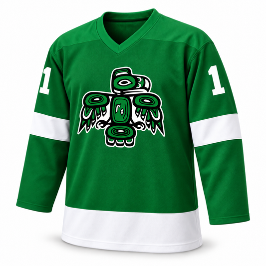 Seattle Totems green jersey front mockup, thunderbird crest and solid white sleeve number 1, no captain patch. Approved turned template.