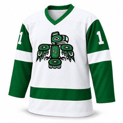 Seattle Totems white jersey front mockup, thunderbird crest and solid white sleeve number 1, no captain patch. Approved turned template.