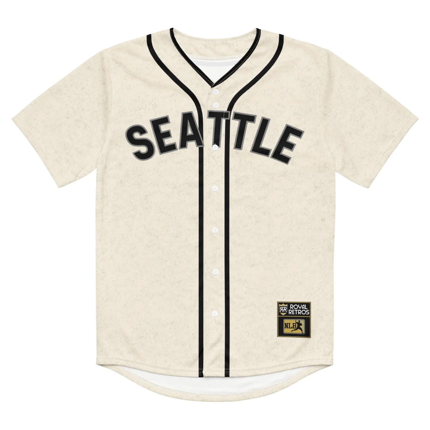 Seattle Steelheads button-up baseball jersey. White. Double pinstripes around neck and down either side of buttons. Seattle in navy across chest. Royal Retros