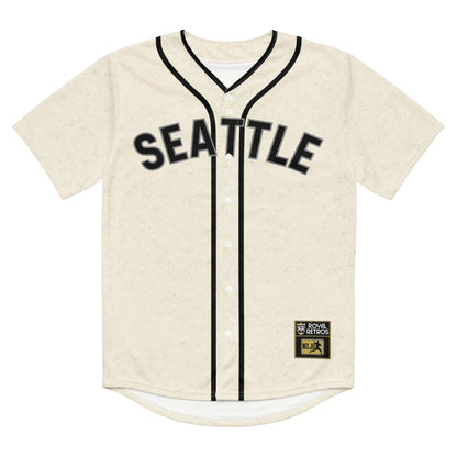 Seattle Steelheads button-up baseball jersey. White. Double pinstripes around neck and down either side of buttons. Seattle in navy across chest. Royal Retros