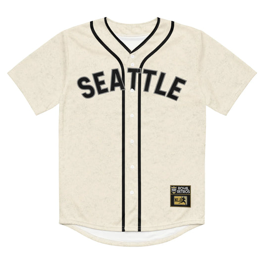 Seattle Steelheads button-up baseball jersey. White. Double pinstripes around neck and down either side of buttons. Seattle in navy across chest. Royal Retros