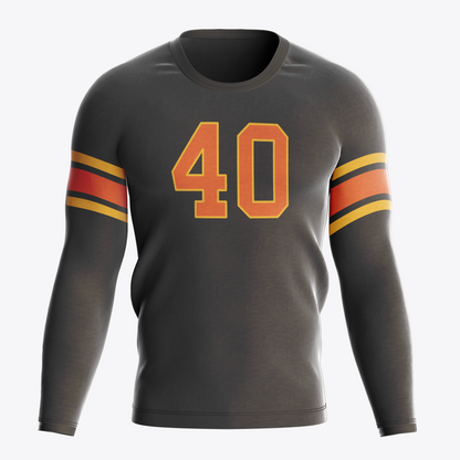 San Francisco Bay Bombers Roller Derby Jersey black with orange number #40 in yellow trim. Yellow, black orange, alternating bands mid-sleeve. Royal Retros
