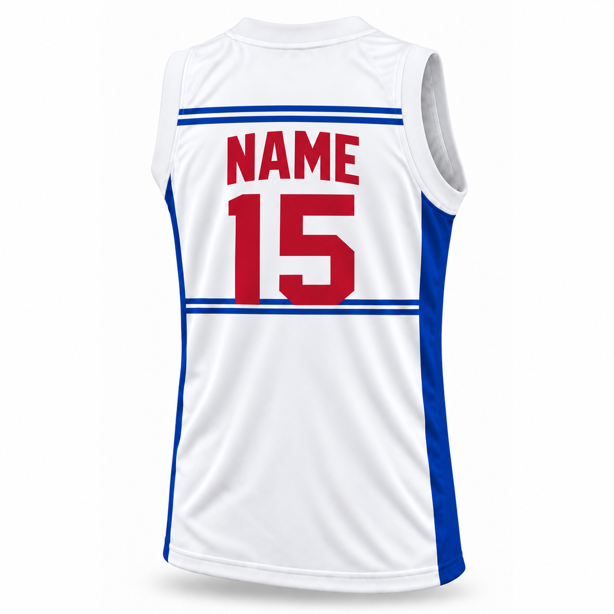 Sheboygan Red Skins Jersey — White (Striped) back mockup, number 15, NAME in block letters