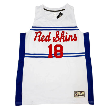 Sheboygan Red Skins Jersey. White. "Red Skins" in red script across chest with blue trim stripes above and below. #18 in red below. Royal Retros label and Custom Made tag on lower right hem.