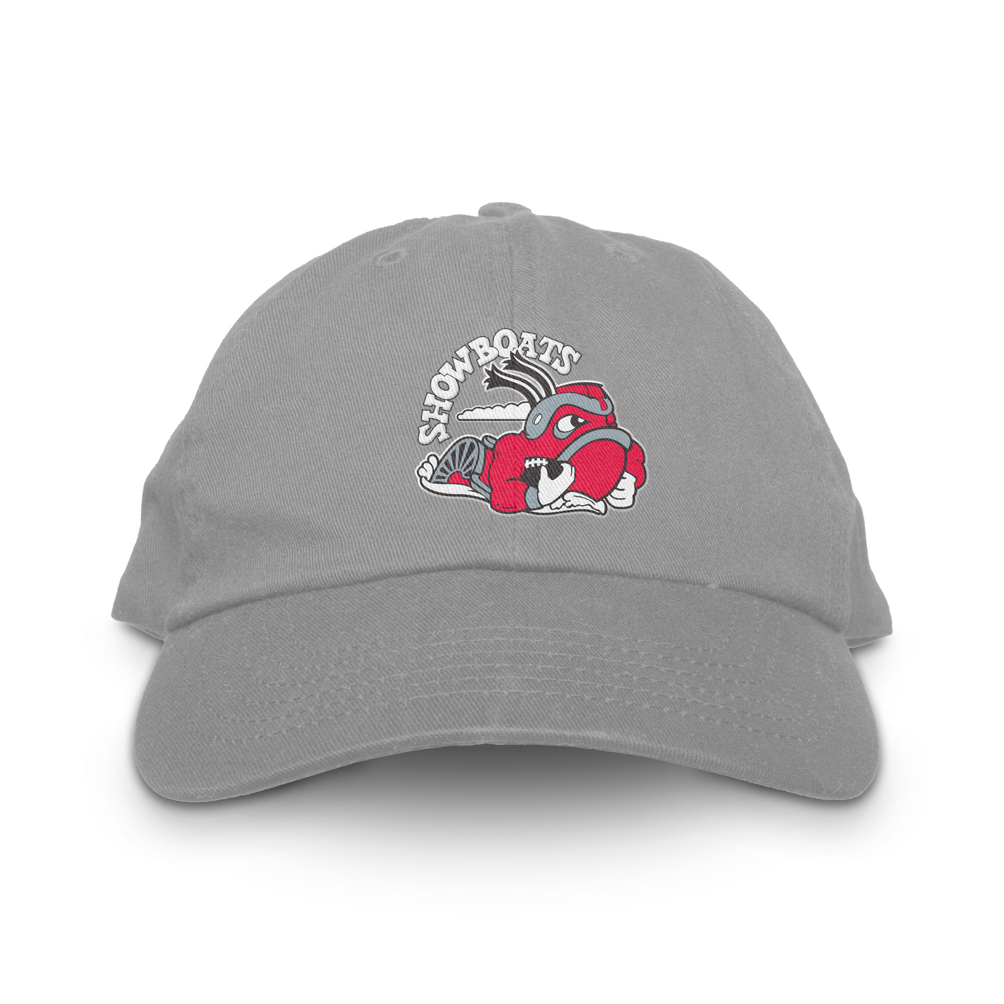 Memphis Showboats dad hat gray. SHOWBOATS arched to left in white. Anthropomorphic red steamboat. frowning, with black and silver detail. holding football on right hand. Royal Retros 