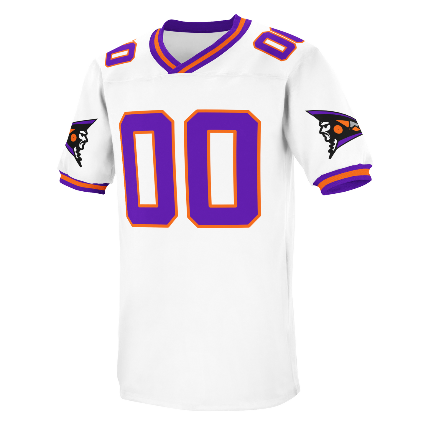 Shreveport Pirates football jersey.  White. Purple, orange, purple trim on collar and sleeve ends. #00 purple with orange trim large on chest small on shoulders. Royal Retros