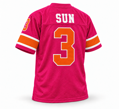 Southern California Sun WFL jersey, magenta with white SUN name and orange number 3 with white trim, back view