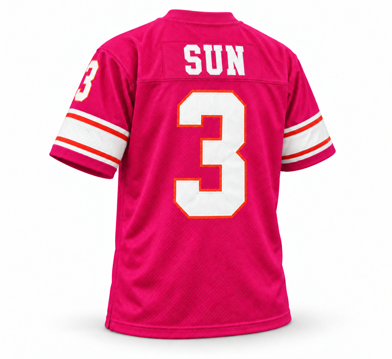Southern California Sun WFL jersey, magenta with white SUN name and white number 3 with orange trim, back view