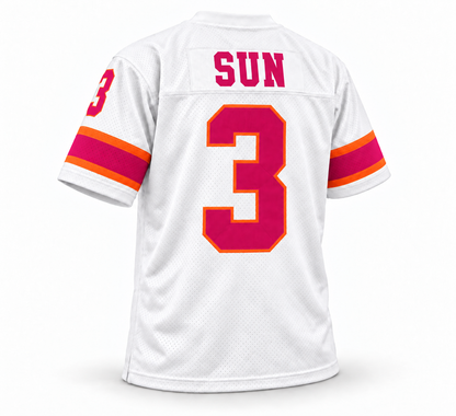Southern California Sun WFL white jersey back, solid magenta SUN name and number 3 with orange trim