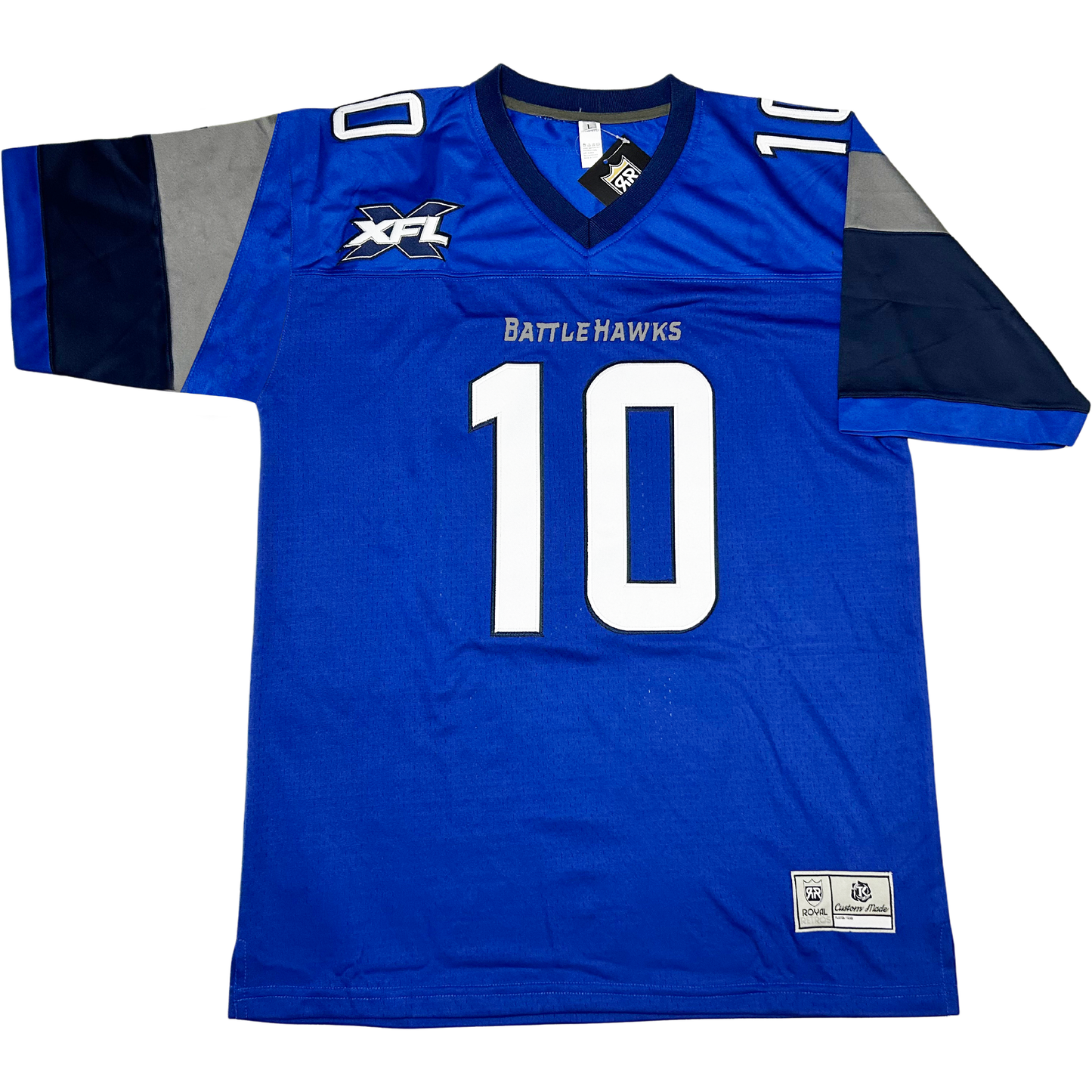 St Louis Battlehawks football jersey. Royal Blue. Silver, navy, and royal sleeves. Navy collar. Battlehwaks stylized in silver small above large #10 in white on chest, small on shoulders. Royal Retros
