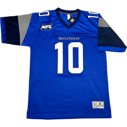 St Louis Battlehawks football jersey. Royal Blue. Silver, navy, and royal sleeves. Navy collar. Battlehwaks stylized in silver small above large #10 in white on chest, small on shoulders. Royal Retros