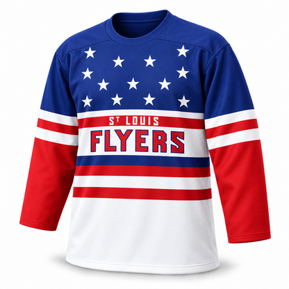 St. Louis Flyers blue stars hockey jersey front with round collar