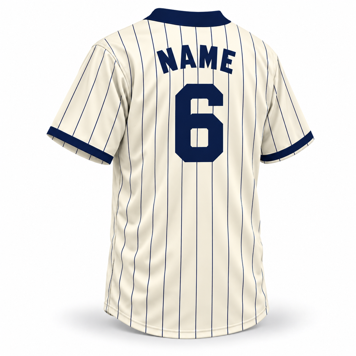 St Louis Giants NLB jersey, cream back with regular navy pinstripes, solid navy block NAME and number 6, full navy rear collar band and navy cuffs.