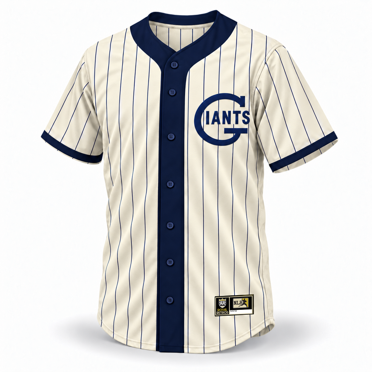 St Louis Giants NLB jersey, cream front with regular navy pinstripes, navy GIANTS chest logo, full navy placket and collar, navy buttons and cuffs, and original NLB jock tag.