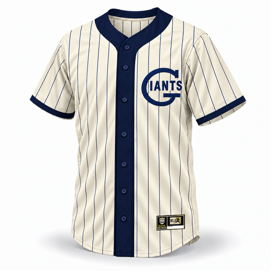 St Louis Giants NLB jersey, cream front with regular navy pinstripes, navy GIANTS chest logo, full navy placket and collar, navy buttons and cuffs, and original NLB jock tag.
