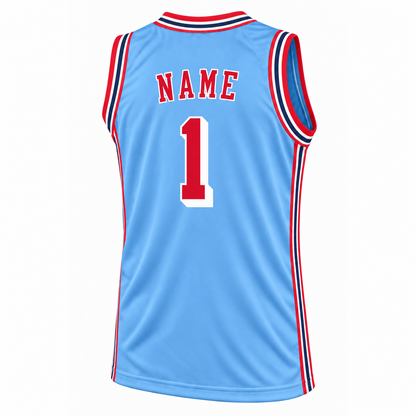 1968 St Louis Hawks blue jersey mockup, back, number 1 and NAME in red with white outlines.