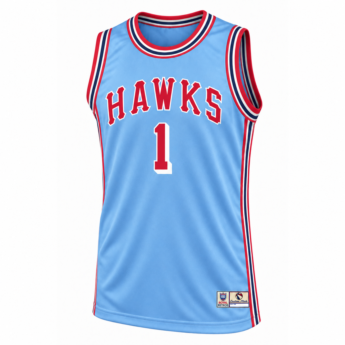 1968 St Louis Hawks blue jersey mockup, front, number 1, red HAWKS lettering with white outlines and red, white, and navy trim.