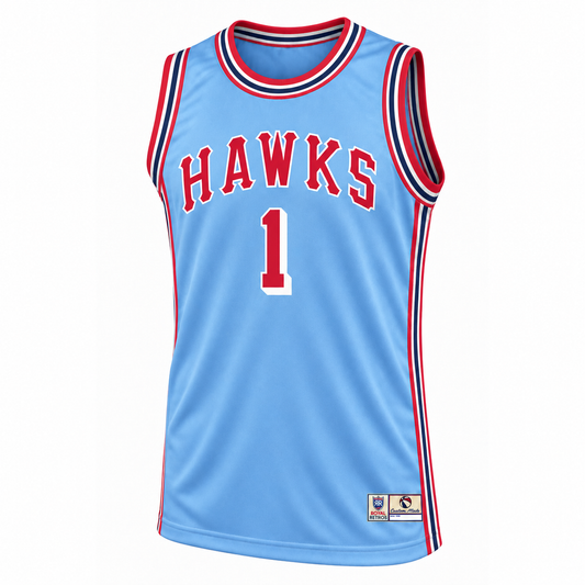 1968 St Louis Hawks blue jersey mockup, front, number 1, red HAWKS lettering with white outlines and red, white, and navy trim.
